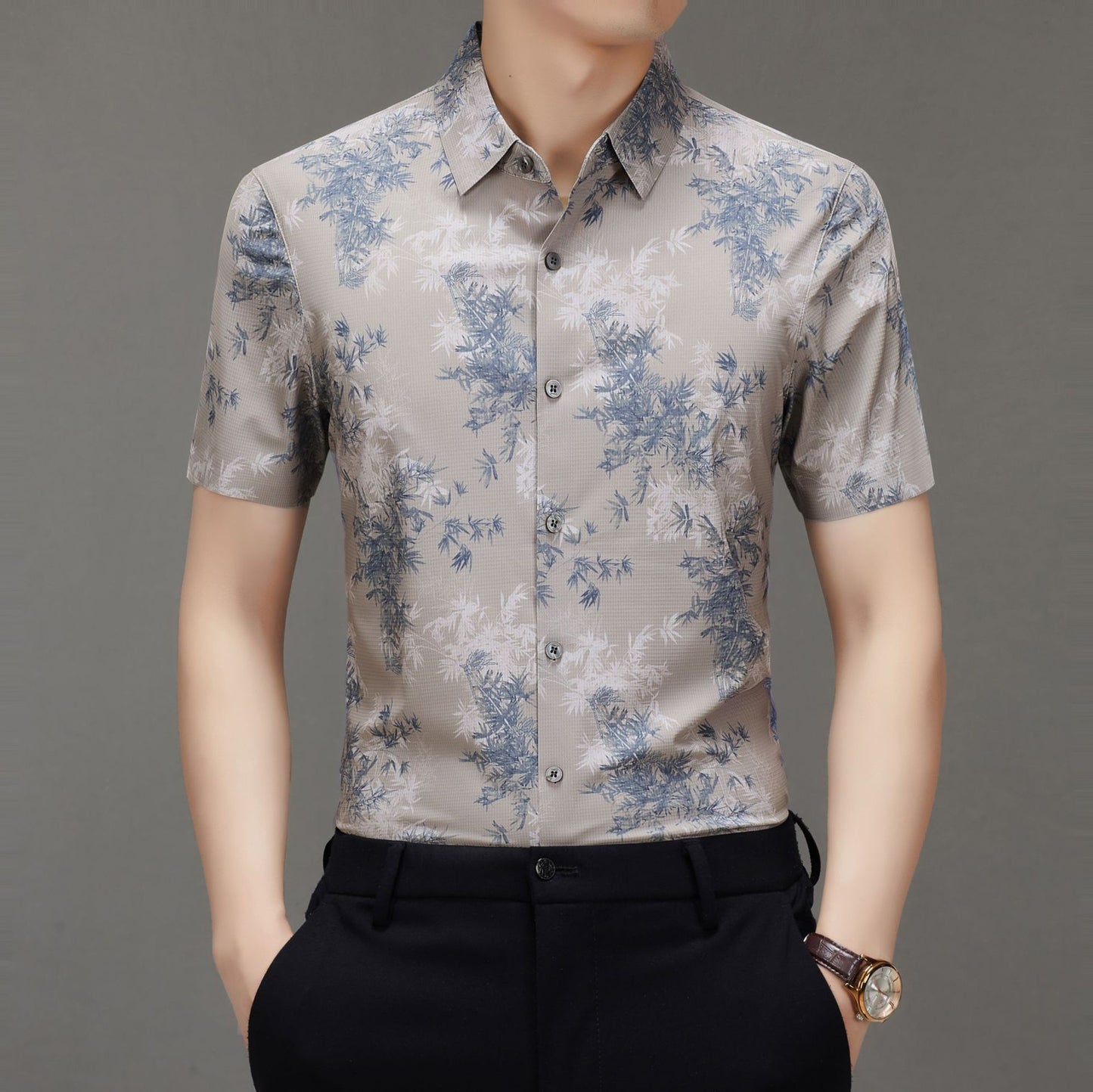 Men's Short-sleeved Shirt 2025 New Spring and Summer Ice Shirt Men's Jacquard Traceless All-match Shirt Men's Short-sleeved Shirt