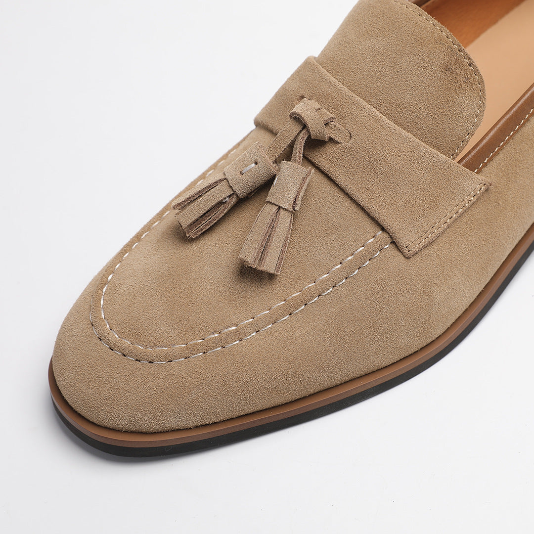 Elegant Gentleman British Retro Handmade Nubuck Leather Slip-On Tassel Loafers for Men, Lazy Casual Beanie Shoes for Men