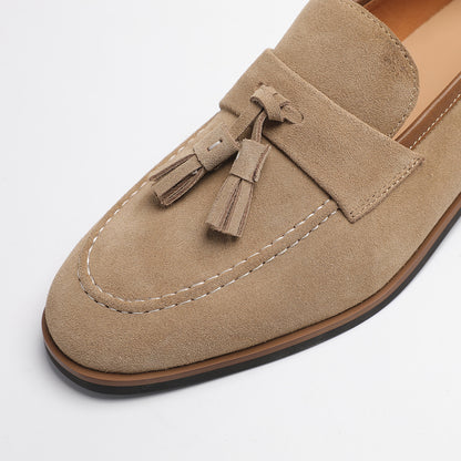 Elegant Gentleman British Retro Handmade Nubuck Leather Slip-On Tassel Loafers for Men, Lazy Casual Beanie Shoes for Men