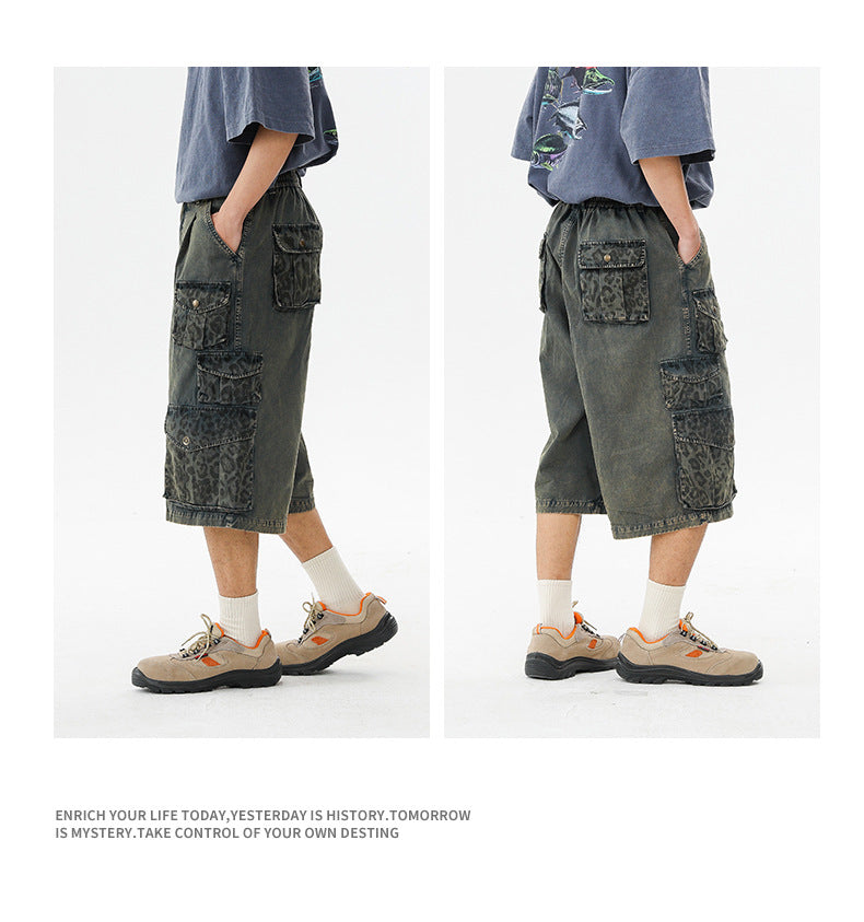 Black Fleet Retro Washed Solid Color Workwear Capri Pants Unisex Versatile Fashion Everyday Pants Trendy Straight-Leg