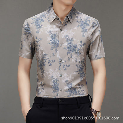 Men's Short-sleeved Shirt 2025 New Spring and Summer Ice Shirt Men's Jacquard Traceless All-match Shirt Men's Short-sleeved Shirt