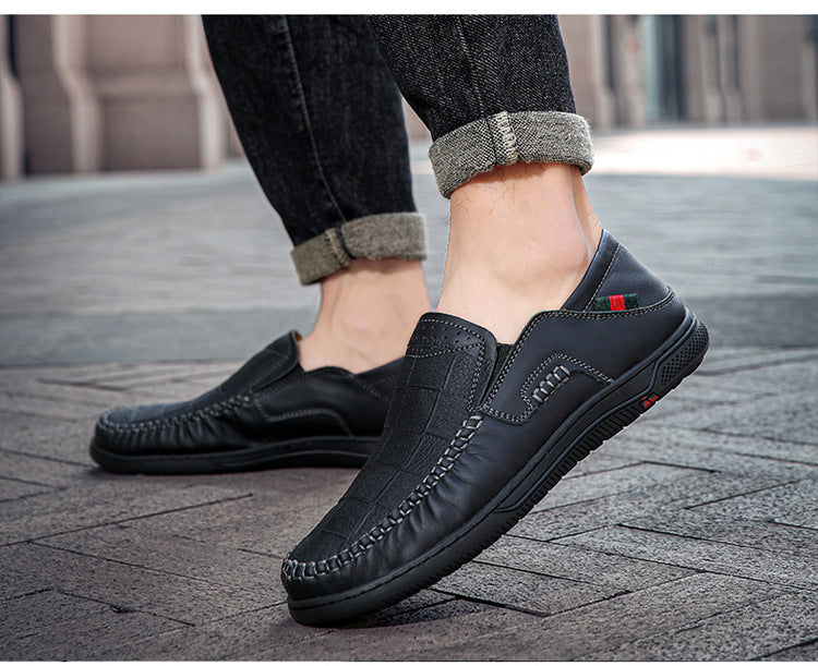 Cross-Border Large Size 46 Casual Leather Shoes for Men, Slip-On Slip-Ons, Soft-Soled Driving Shoes, Four-Season Cowhide Beanie Shoes for Men