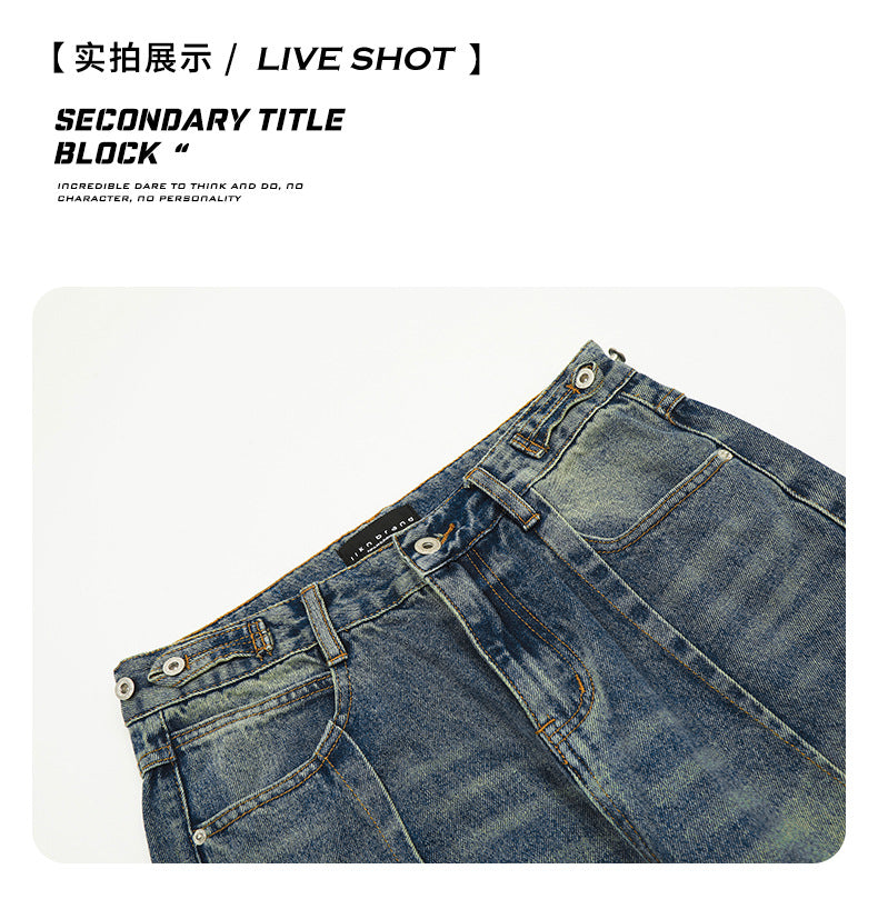11Kn American Blue Jeans for Men and Women, Deconstructed Design, Retro Distressed Washed Straight Leg Trendy Loose Wide Leg Pants