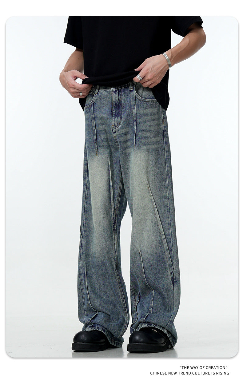 11Kn American Blue Jeans for Men and Women, Deconstructed Design, Retro Distressed Washed Straight Leg Trendy Loose Wide Leg Pants