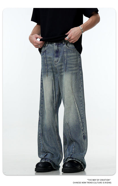 11Kn American Blue Jeans for Men and Women, Deconstructed Design, Retro Distressed Washed Straight Leg Trendy Loose Wide Leg Pants