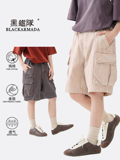 Black Fleet American-Style Shorts Men's Summer Workwear Six-Point Pants Multi-Pocket Loose Casual Couple Style Retro Heavyweight