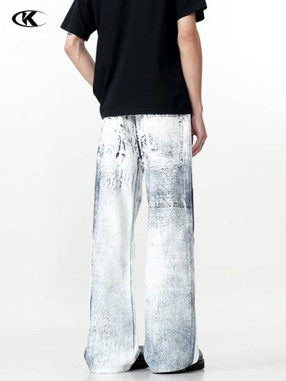 11Kn American Ink White Jeans for Men and Women Retro Splash Ink Personalized Design Dirty Dyed Straight Loose Wide Leg Pants