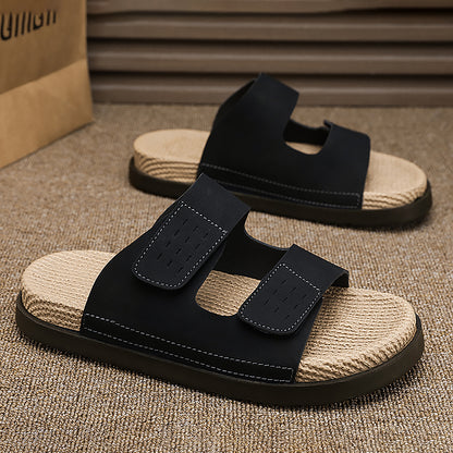 Linen Slippers for Men, Summer Outdoor Wear, Thick-Soled Woven Driving and Casual Sandals for Men