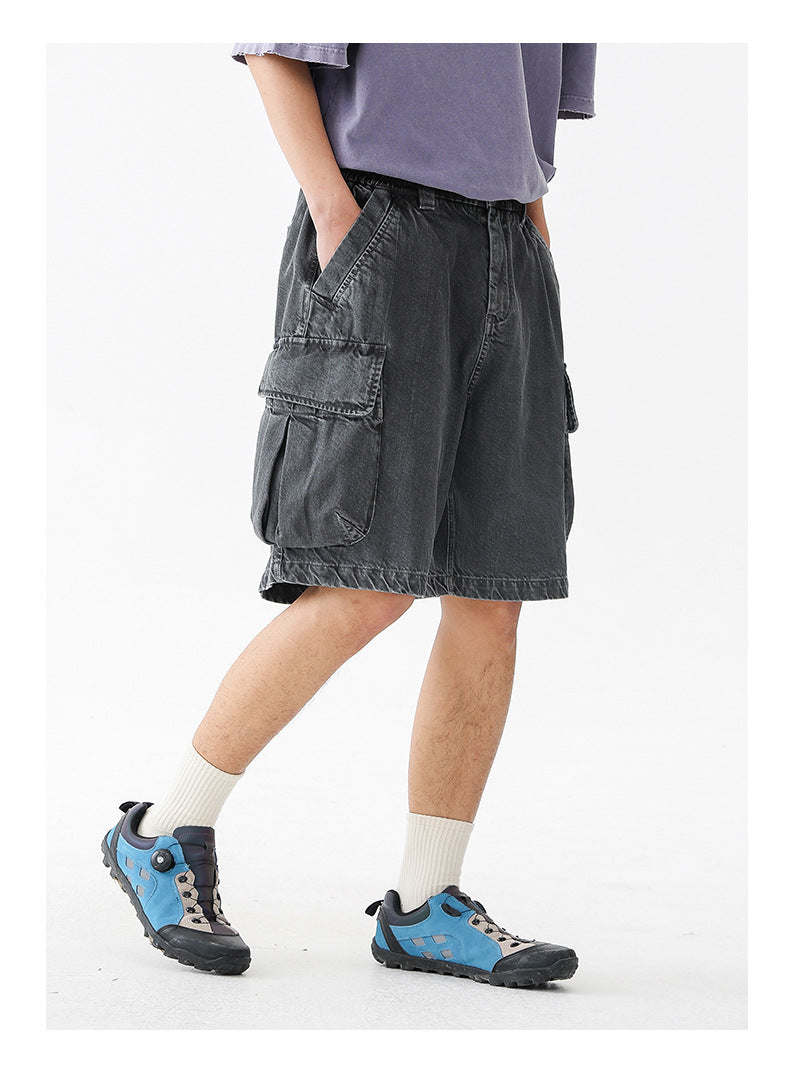 Black Fleet American-Style Shorts Men's Summer Workwear Six-Point Pants Multi-Pocket Loose Casual Couple Style Retro Heavyweight