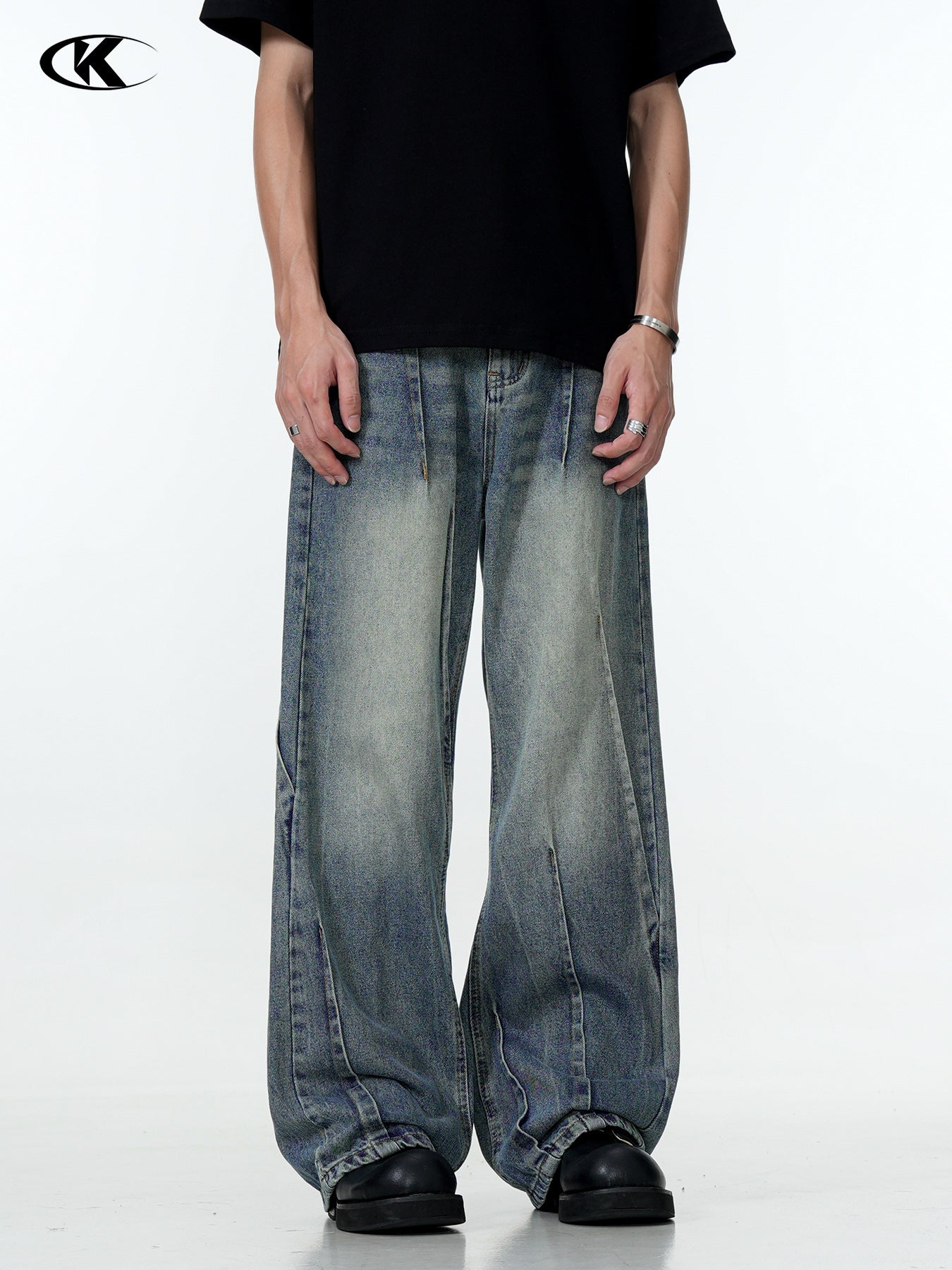 11Kn American Blue Jeans for Men and Women, Deconstructed Design, Retro Distressed Washed Straight Leg Trendy Loose Wide Leg Pants