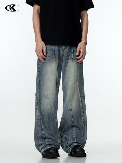 11Kn American Blue Jeans for Men and Women, Deconstructed Design, Retro Distressed Washed Straight Leg Trendy Loose Wide Leg Pants