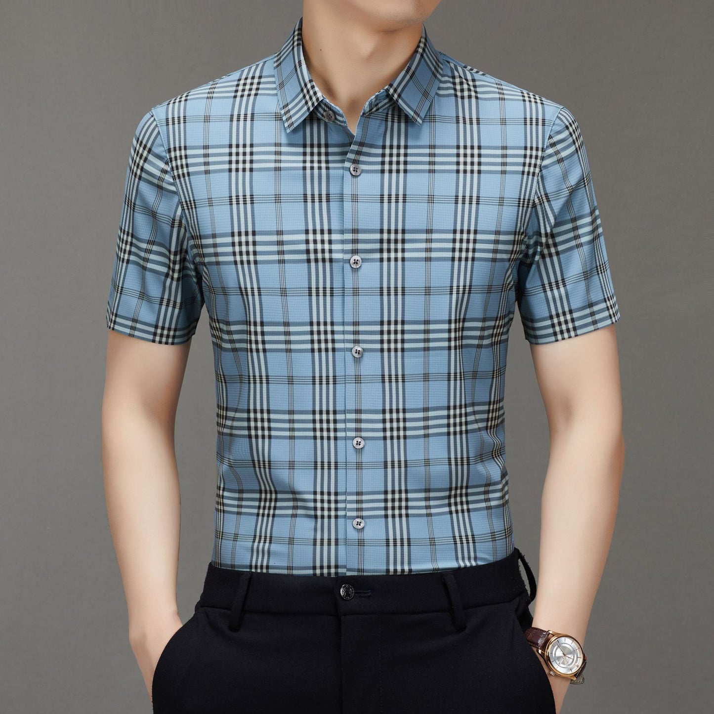 Men's Short-sleeved Shirt Summer Non-marking Non-ironing Youth Short-sleeved Shirt Men's Fashion Plaid Casual Shirt Men's Short-sleeved Shirt