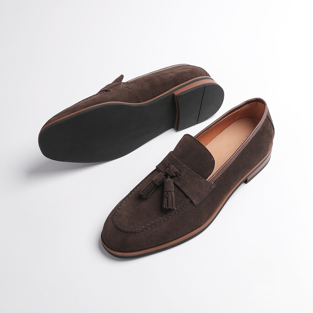 Elegant Gentleman British Retro Handmade Nubuck Leather Slip-On Tassel Loafers for Men, Lazy Casual Beanie Shoes for Men