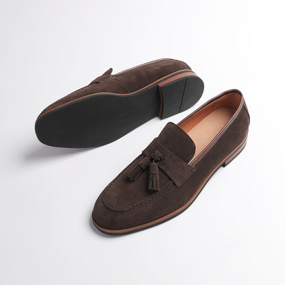 Elegant Gentleman British Retro Handmade Nubuck Leather Slip-On Tassel Loafers for Men, Lazy Casual Beanie Shoes for Men