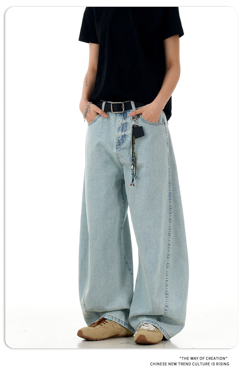 11Kn American Retro Ice Blue Scimitar Jeans for Men and Women, Distressed Washed Slimming Look Simple Wide-Leg Stacked Pants