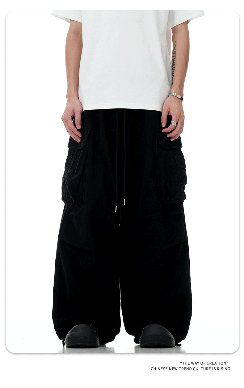 11Kn American Paratrooper Cargo Pants for Men and Women, Retro Draped, Multi-Flap Pocket Pants Drawstring, Wide Legs, Slim Straight Casual Pants