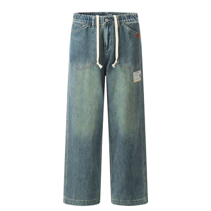 11Kn American Thin Blue Jeans for Men and Women with Adjustable Drawstring Trendy Stylish Straight Casual Wide Leg Slimming Look Pants