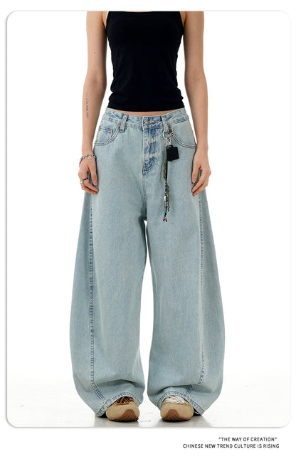 11Kn American Retro Ice Blue Scimitar Jeans for Men and Women, Distressed Washed Slimming Look Simple Wide-Leg Stacked Pants