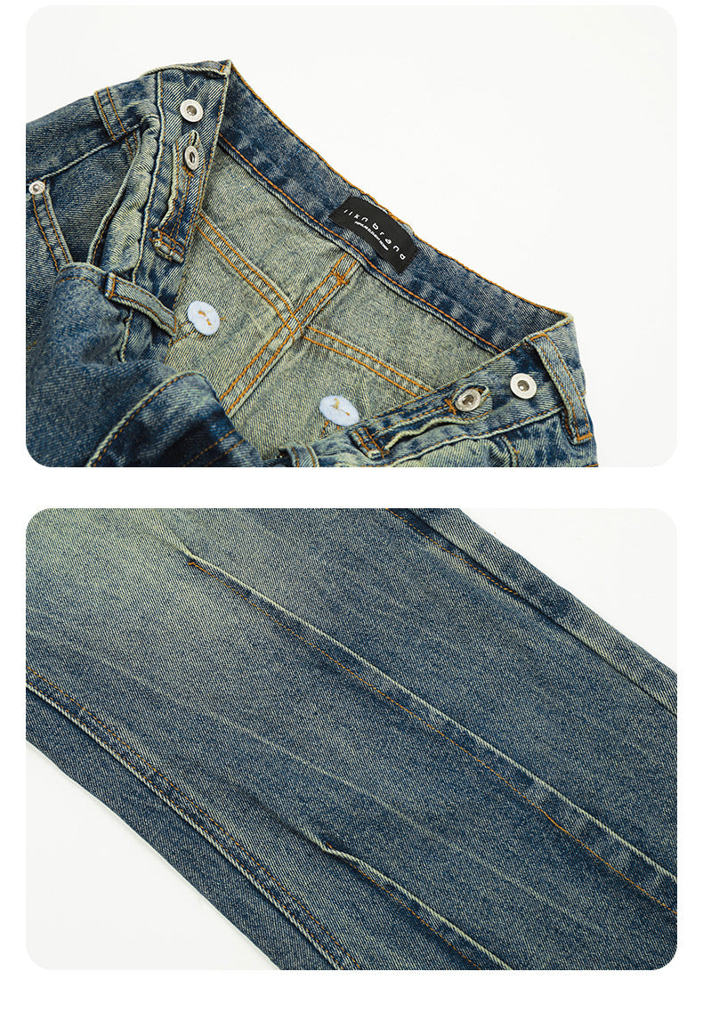 11Kn American Blue Jeans for Men and Women, Deconstructed Design, Retro Distressed Washed Straight Leg Trendy Loose Wide Leg Pants