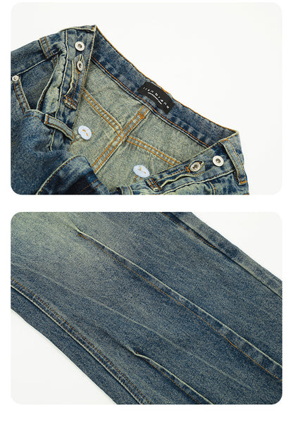 11Kn American Blue Jeans for Men and Women, Deconstructed Design, Retro Distressed Washed Straight Leg Trendy Loose Wide Leg Pants