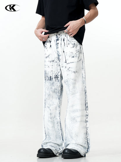 11Kn American Ink White Jeans for Men and Women Retro Splash Ink Personalized Design Dirty Dyed Straight Loose Wide Leg Pants