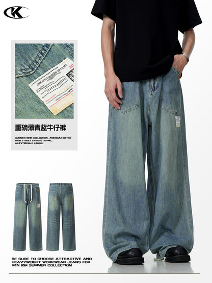 11Kn American Thin Blue Jeans for Men and Women with Adjustable Drawstring Trendy Stylish Straight Casual Wide Leg Slimming Look Pants
