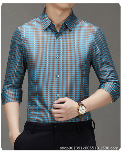 Spring and Autumn New Men's Shirt Cotton Plaid Business Casual Fashion Striped Non-Ironing Slim Long Sleeve Linen Shirt
