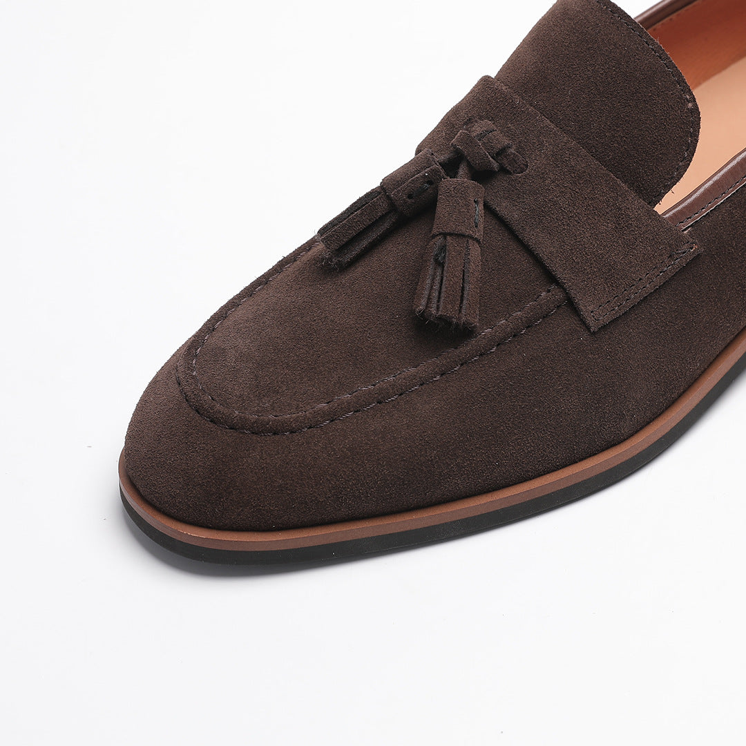 Elegant Gentleman British Retro Handmade Nubuck Leather Slip-On Tassel Loafers for Men, Lazy Casual Beanie Shoes for Men