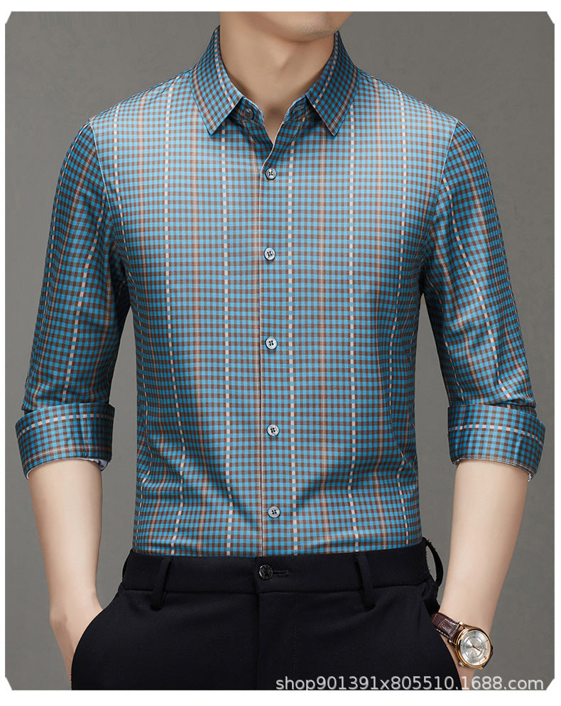 Spring and Autumn New Men's Shirt Cotton Plaid Business Casual Fashion Striped Non-Ironing Slim Long Sleeve Linen Shirt