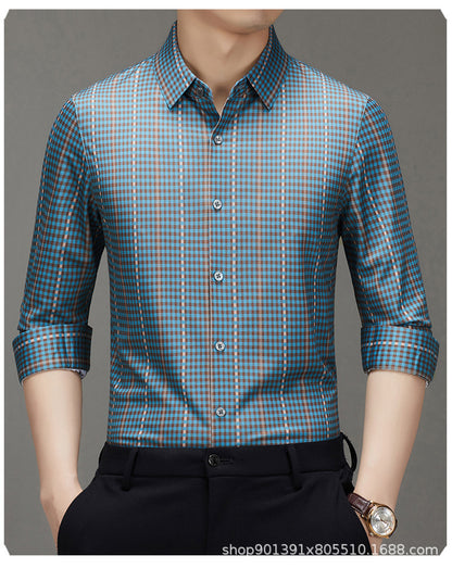 Spring and Autumn New Men's Shirt Cotton Plaid Business Casual Fashion Striped Non-Ironing Slim Long Sleeve Linen Shirt