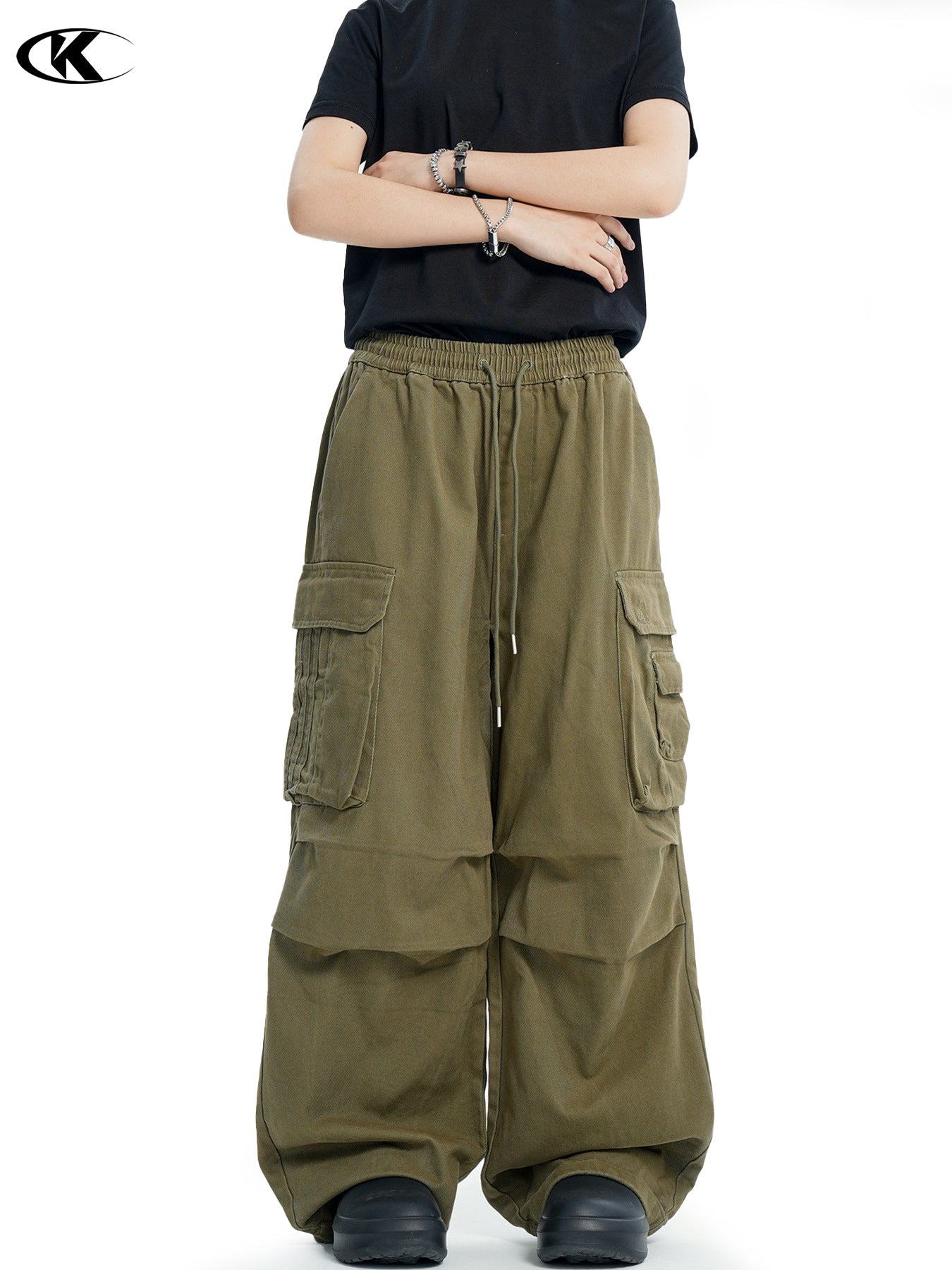 11Kn American Paratrooper Cargo Pants for Men and Women, Retro Draped, Multi-Flap Pocket Pants Drawstring, Wide Legs, Slim Straight Casual Pants