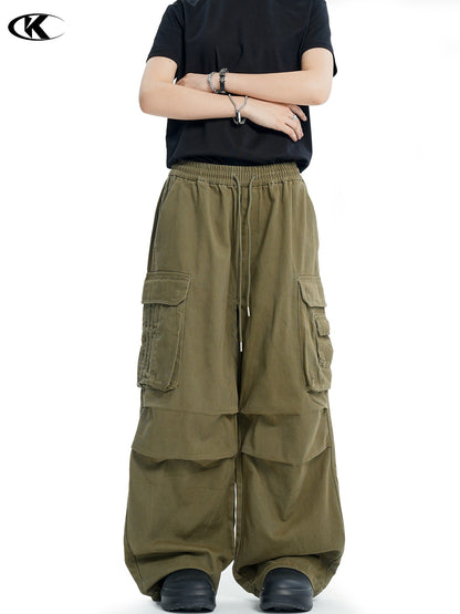11Kn American Paratrooper Cargo Pants for Men and Women, Retro Draped, Multi-Flap Pocket Pants Drawstring, Wide Legs, Slim Straight Casual Pants