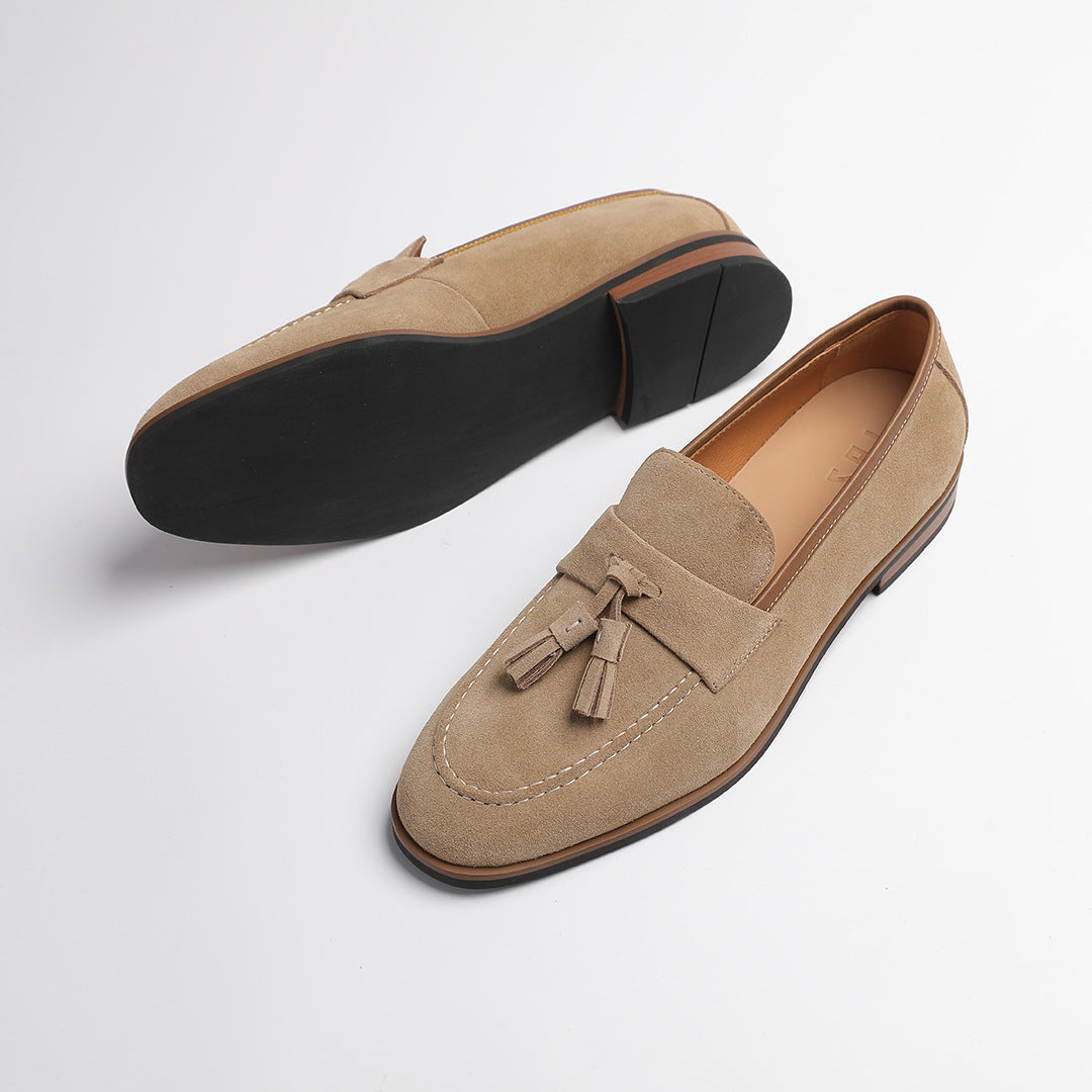 Elegant Gentleman British Retro Handmade Nubuck Leather Slip-On Tassel Loafers for Men, Lazy Casual Beanie Shoes for Men