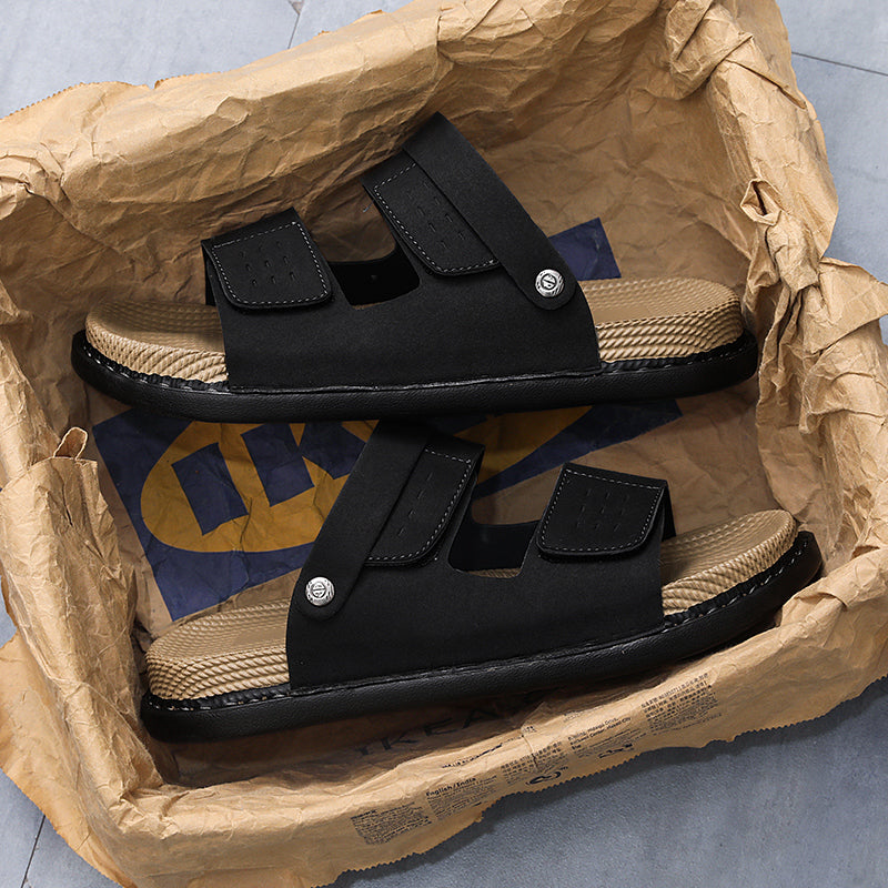 Linen Slippers for Men, Summer Outdoor Wear, Thick-Soled Woven Driving and Casual Sandals for Men
