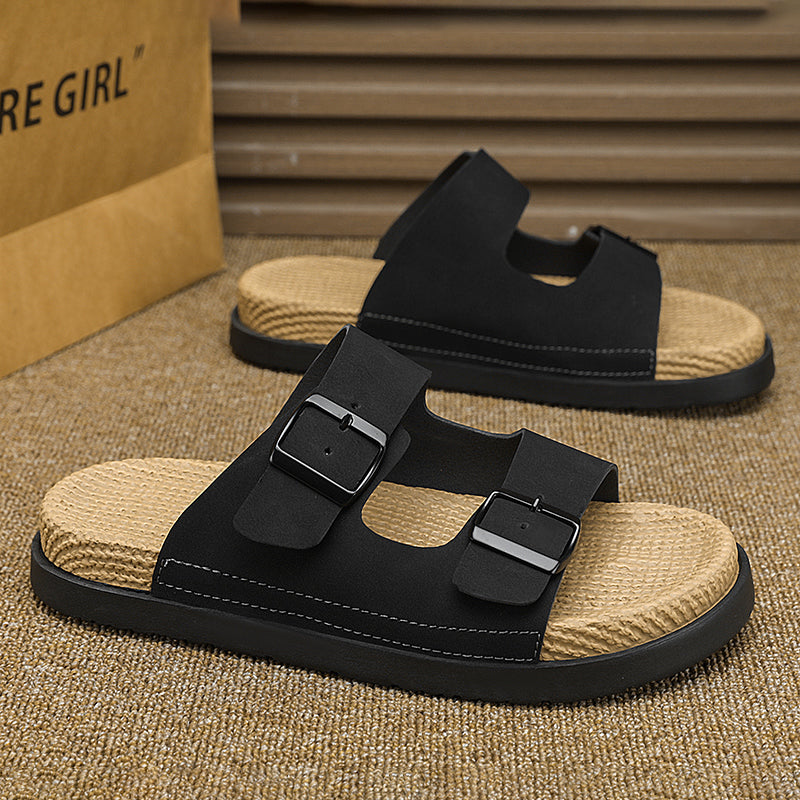 Linen Slippers for Men, Summer Outdoor Wear, Thick-Soled Woven Driving and Casual Sandals for Men
