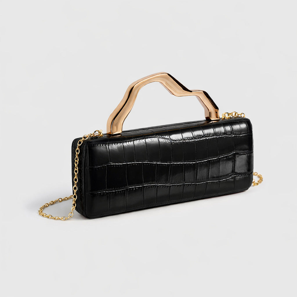 Luxury Burgundy Crocodile Pattern PU Evening Clutch with Gilded Shaped Handle for Ladies Fashionable Party Handbag