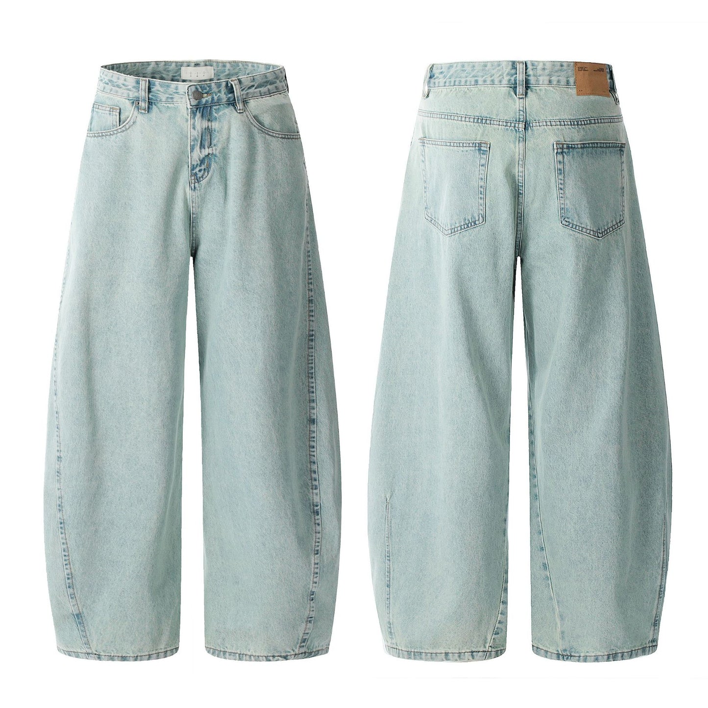 11Kn American Retro Ice Blue Scimitar Jeans for Men and Women, Distressed Washed Slimming Look Simple Wide-Leg Stacked Pants
