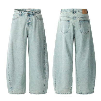 11Kn American Retro Ice Blue Scimitar Jeans for Men and Women, Distressed Washed Slimming Look Simple Wide-Leg Stacked Pants