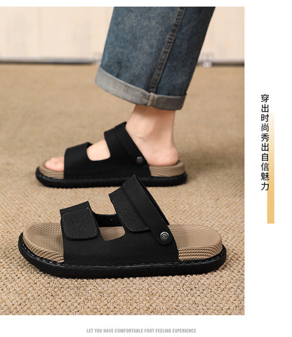 Linen Slippers for Men, Summer Outdoor Wear, Thick-Soled Woven Driving and Casual Sandals for Men