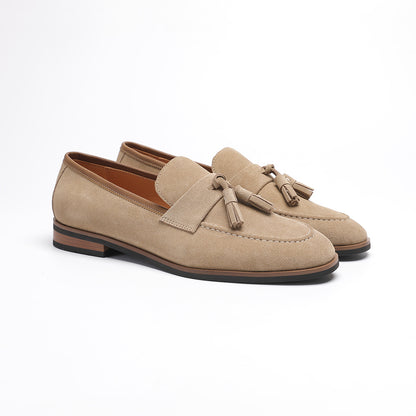 Elegant Gentleman British Retro Handmade Nubuck Leather Slip-On Tassel Loafers for Men, Lazy Casual Beanie Shoes for Men