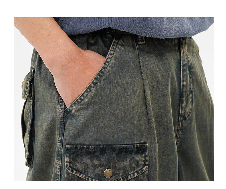 Black Fleet Retro Washed Solid Color Workwear Capri Pants Unisex Versatile Fashion Everyday Pants Trendy Straight-Leg