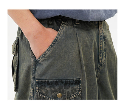 Black Fleet Retro Washed Solid Color Workwear Capri Pants Unisex Versatile Fashion Everyday Pants Trendy Straight-Leg