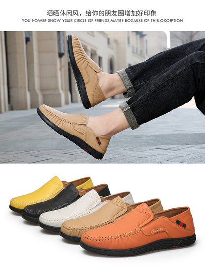 Cross-Border Large Size 46 Casual Leather Shoes for Men, Slip-On Slip-Ons, Soft-Soled Driving Shoes, Four-Season Cowhide Beanie Shoes for Men