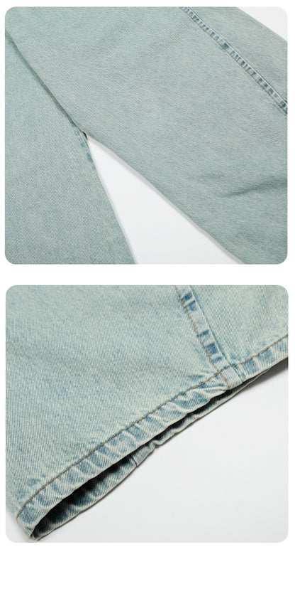 11Kn American Retro Ice Blue Scimitar Jeans for Men and Women, Distressed Washed Slimming Look Simple Wide-Leg Stacked Pants