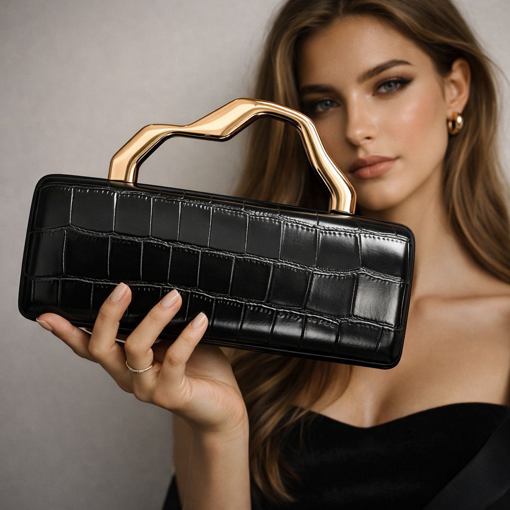 Luxury Burgundy Crocodile Pattern PU Evening Clutch with Gilded Shaped Handle for Ladies Fashionable Party Handbag