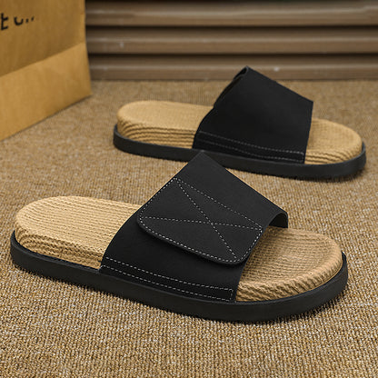 Linen Slippers for Men, Summer Outdoor Wear, Thick-Soled Woven Driving and Casual Sandals for Men