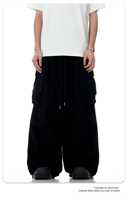 11Kn American Paratrooper Cargo Pants for Men and Women, Retro Draped, Multi-Flap Pocket Pants Drawstring, Wide Legs, Slim Straight Casual Pants