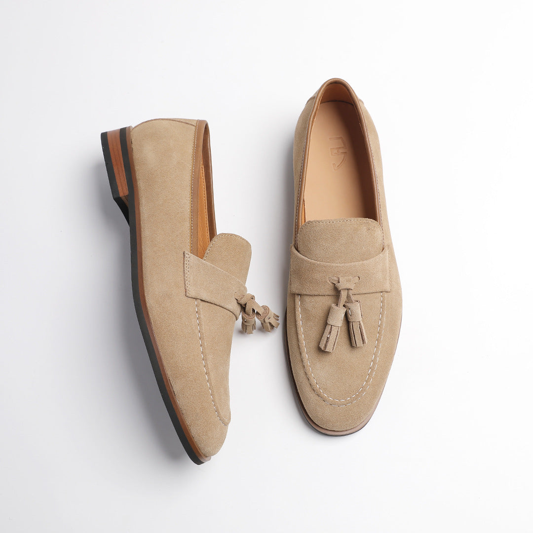 Elegant Gentleman British Retro Handmade Nubuck Leather Slip-On Tassel Loafers for Men, Lazy Casual Beanie Shoes for Men