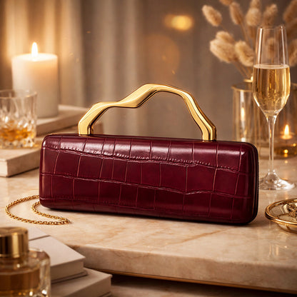 Luxury Burgundy Crocodile Pattern PU Evening Clutch with Gilded Shaped Handle for Ladies Fashionable Party Handbag