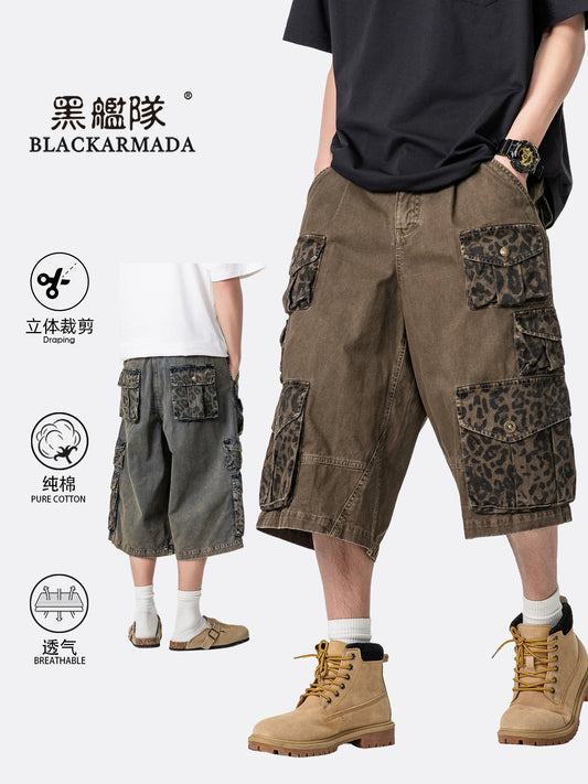 Black Fleet Retro Washed Solid Color Workwear Capri Pants Unisex Versatile Fashion Everyday Pants Trendy Straight-Leg